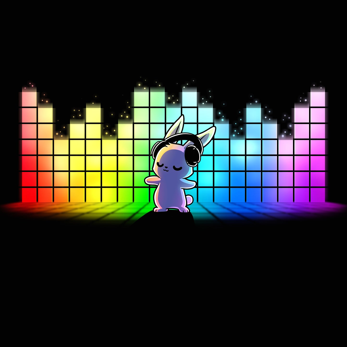 Premium Cotton T-shirt_TeeTurtle black Feel the Music featuring a bunny with a headset dancing with a rainbow equalizer bar in the background.