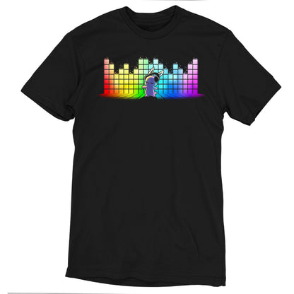 Premium Cotton T-shirt_TeeTurtle black Feel the Music featuring a bunny with a headset dancing with a rainbow equalizer bar in the background.