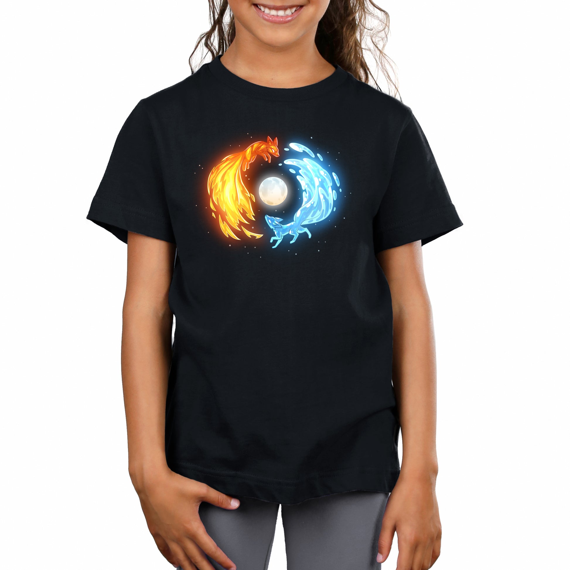 Premium Cotton T-shirt_TeeTurtle black Fire and Water Kitsune Premium Cotton T-shirt featuring fire and water kitsunes running in a circle around a full moon.