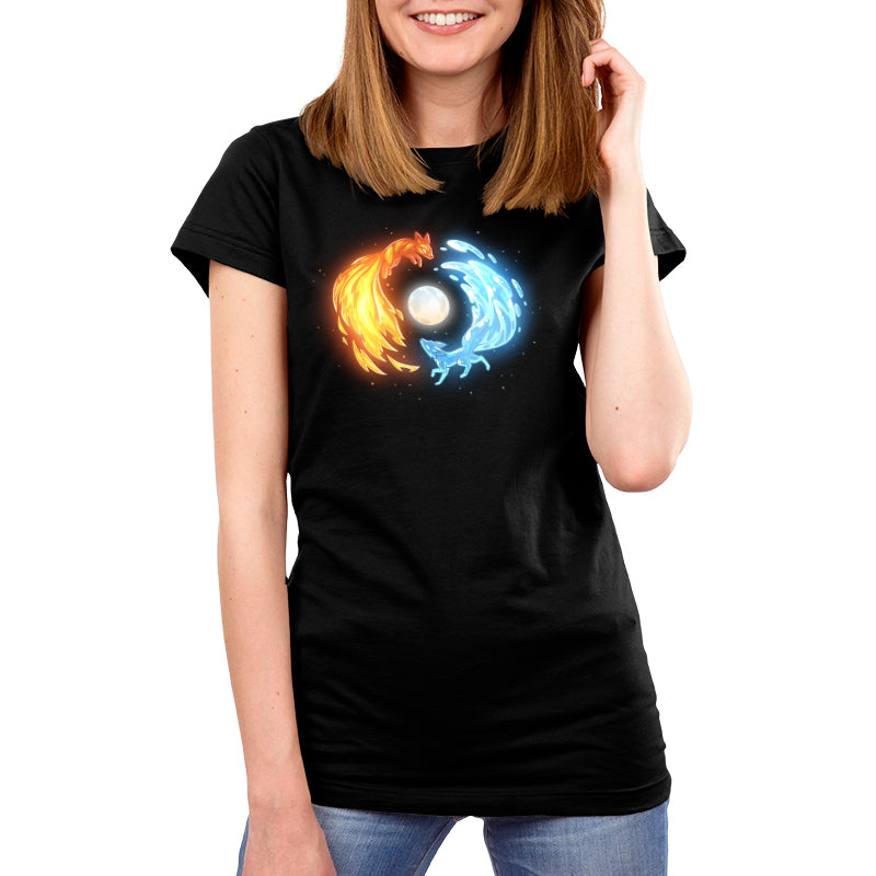 Premium Cotton T-shirt_TeeTurtle black Fire and Water Kitsune Premium Cotton T-shirt featuring fire and water kitsunes running in a circle around a full moon.