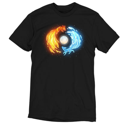 Premium Cotton T-shirt_TeeTurtle black Fire and Water Kitsune Premium Cotton T-shirt featuring fire and water kitsunes running in a circle around a full moon.