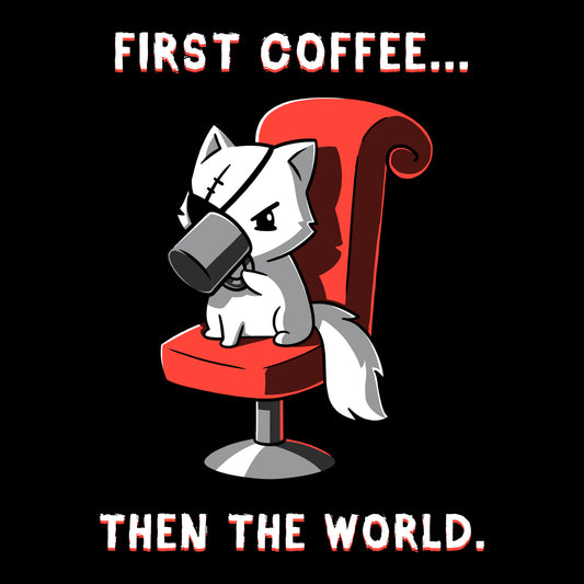 A cartoon cat with a bandage drinks coffee on a red chair. The text above reads 