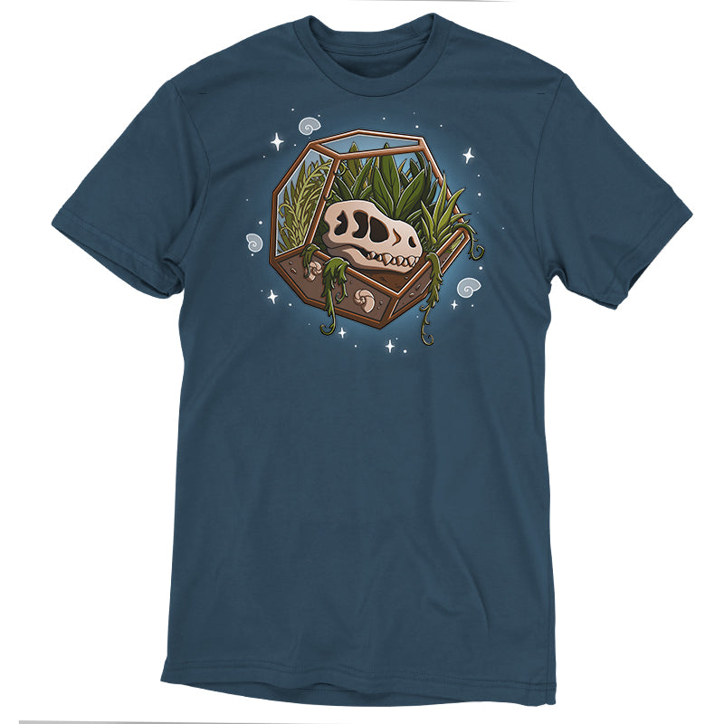 Premium Cotton T-shirt - A blue apparel featuring a graphic of a dinosaur skull and plants inside a geometric terrarium with stars and small curls surrounding it, made from super soft ringspun cotton for ultimate comfort. The product is called Flora & Fossils by monsterdigital.