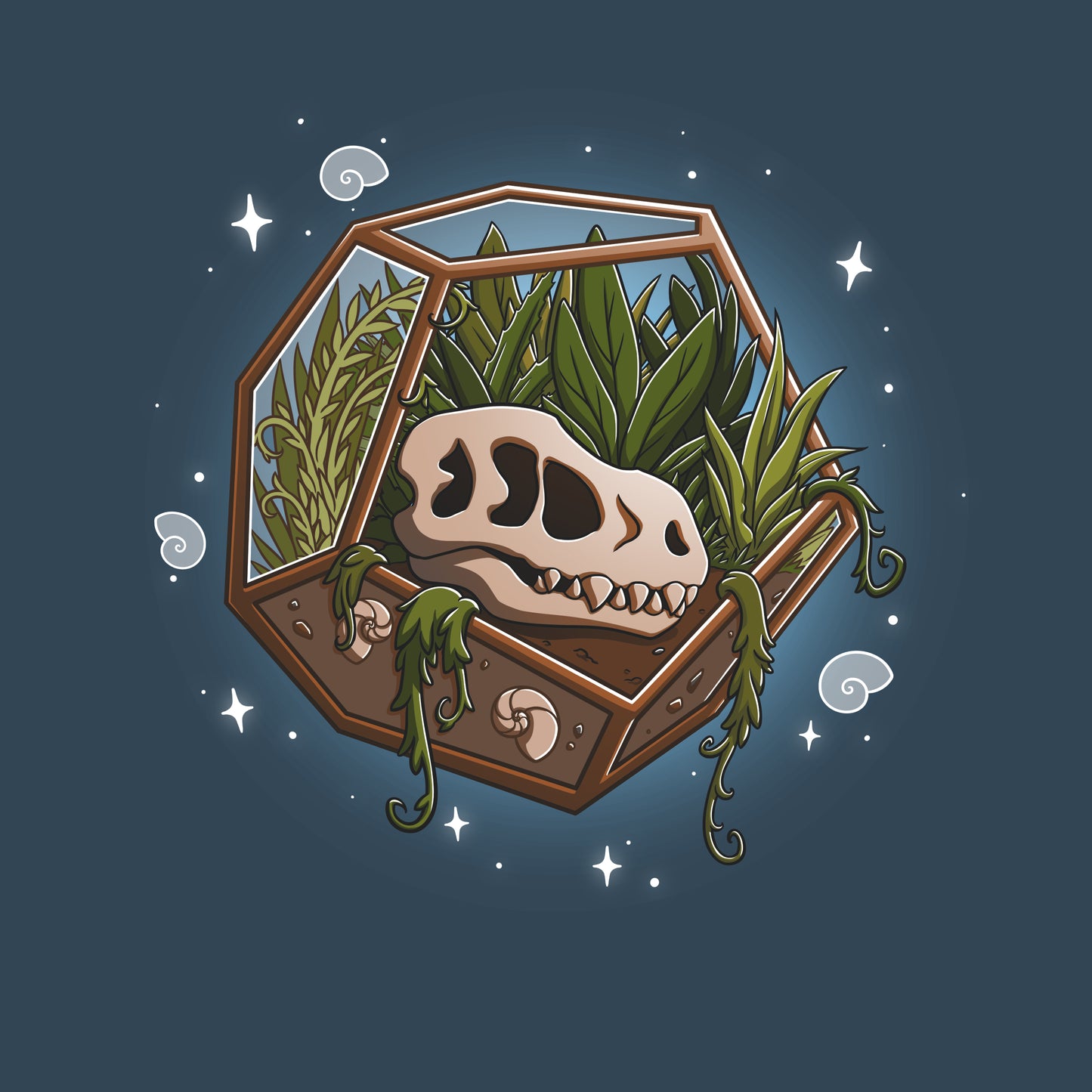 Premium Cotton T-shirt - Illustration of a skull in a hexagonal glass terrarium with various plants growing inside, all on a Flora & Fossils apparel by monsterdigital. The background is dark blue with small stars and swirls.