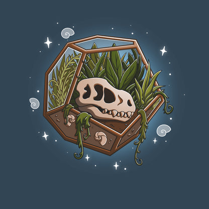 Premium Cotton T-shirt - Illustration of a skull in a hexagonal glass terrarium with various plants growing inside, all on a Flora & Fossils apparel by monsterdigital. The background is dark blue with small stars and swirls.