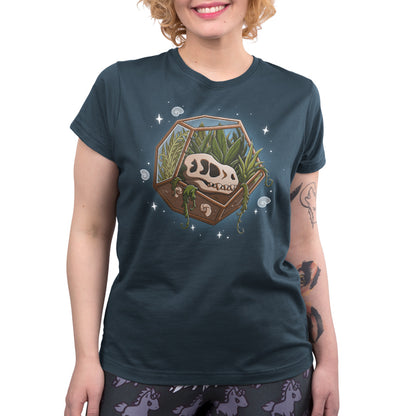 Premium Cotton T-shirt - Person wearing a dark, super soft ringspun cotton apparel with an illustration of a skull and plants in a geometric terrarium called Flora & Fossils by monsterdigital.