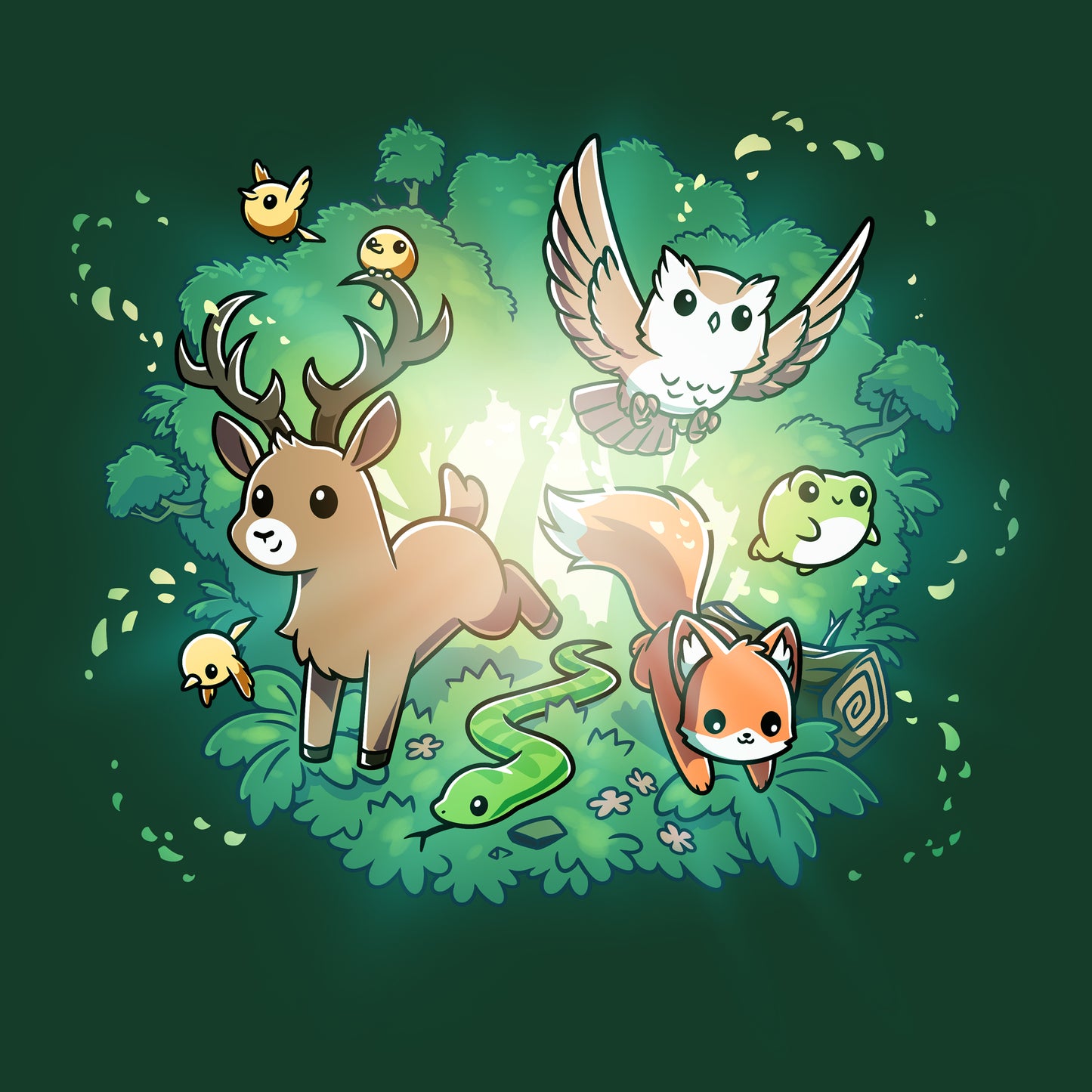 Premium Cotton T-shirt_TeeTurtle forest green Forest Harmony apparel featuring a fox, snake, owl, deer, frog, bird, and other forest animals emerging out of a forest in the background.