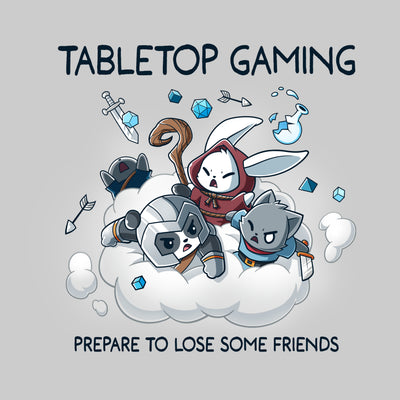 Premium Cotton T-shirt_TeeTurtle Friends or Foes silver gray t-shirt featuring a white bunny in a red hood, a panda wearing a gray helmet and a gray cat holding a sword engaging in a cloud brawl, surrounded by arrows, swords, crystals and a broken jar. Text above reads "TABLETOP GAMING" and below "PREPARE TO LOSE SOME FRIENDS." 
