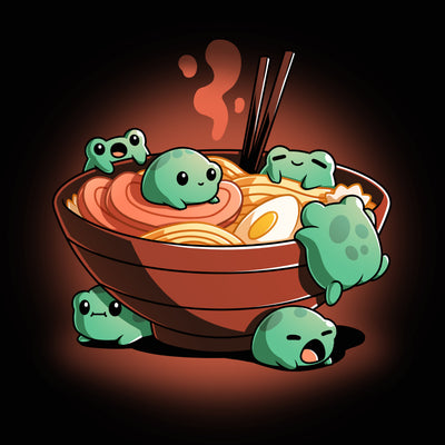 Premium Cotton T-shirt_TeeTurtle black Froggy Ramen apparel featuring a group of round green frogs in various playful poses around a steaming bowl of ramen.