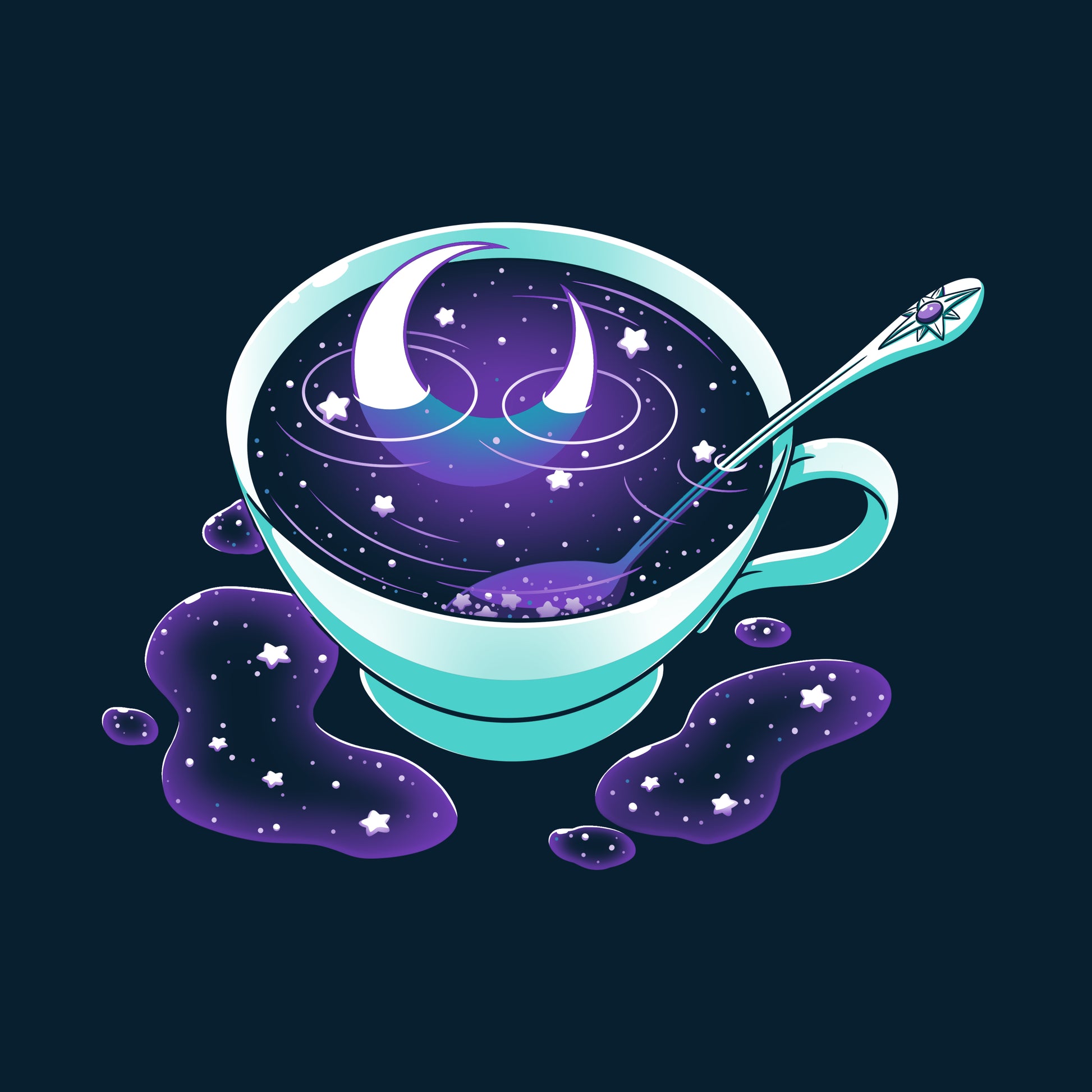 Premium Cotton T-shirt_TeeTurtle Galactic Tea navy blue t-shirt featuring a turquoise cup filled with swirling Galactic Tea.