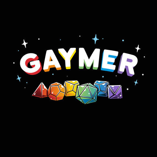 Colorful word 'GAYMER' with rainbow-colored gaming dice beneath on a black background, surrounded by stars and sparkles. Celebrating the queer community in tabletop gaming. This is the Gaymer by monsterdigital.