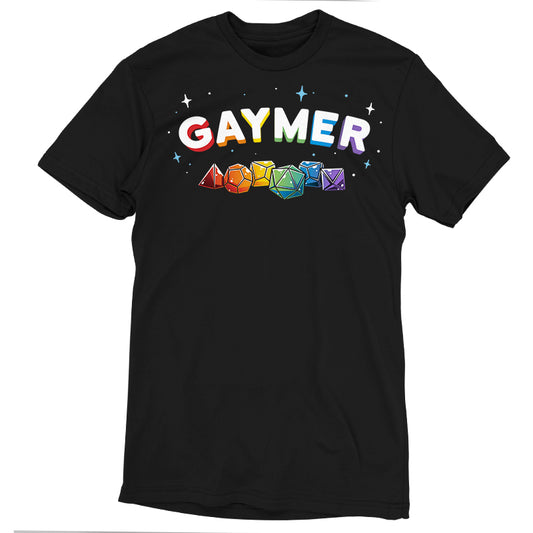 Premium Cotton T-shirt_TeeTurtle Gaymer (Tabletop Gaming) black t-shirt featuring tabletop gaming dice in the colors of the pride rainbow.