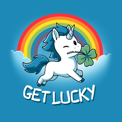 Premium Cotton T-shirt_Teeturtle cobalt blue Get Lucky apparel featuring a winking white unicorn holding a four-leaf clover while jumping through the clouds with a rainbow behind it. Caption reads, "get lucky".
