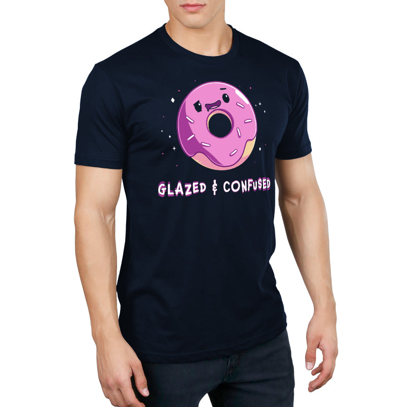 Premium Cotton T-shirt_TeeTurtle Glazed and Confused navy blue t-shirt featuring a pink frosted donut with a smiling face.