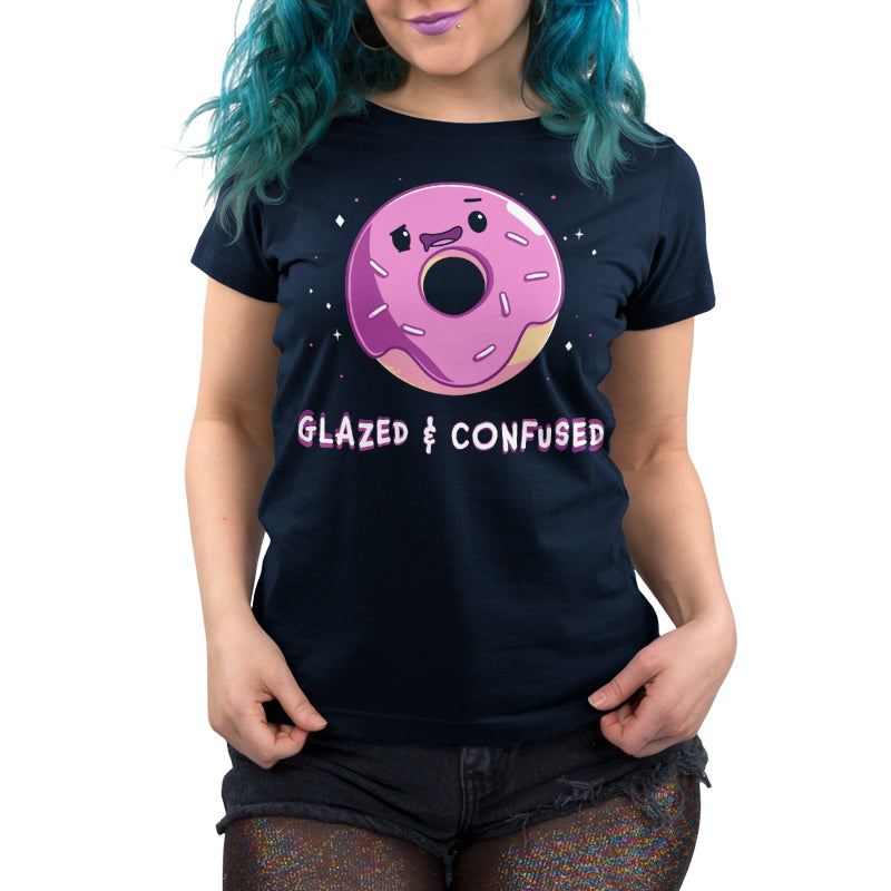 Premium Cotton T-shirt_TeeTurtle Glazed and Confused navy blue t-shirt featuring a pink frosted donut with a smiling face.