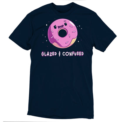 Premium Cotton T-shirt_TeeTurtle Glazed and Confused navy blue t-shirt featuring a pink frosted donut with a smiling face.