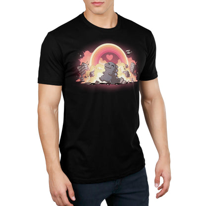 Premium Cotton T-shirt_TeeTurtle black Godzilla's Happy Place apparel featuring a happy Godzilla rampaging through collapsing and exploding buildings, with a rainbow that has a heart in the center in the sky.