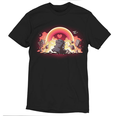 Premium Cotton T-shirt_TeeTurtle black Godzilla's Happy Place apparel featuring a happy Godzilla rampaging through collapsing and exploding buildings, with a rainbow that has a heart in the center in the sky.