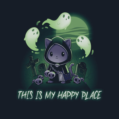 Premium Cotton T-shirt_TeeTurtle Graveyards are My Happy Place navy blue t-shirt featuring an illustration of a cat wearing a black, hooded cape and holding a book standing in a graveyard surrounded by skulls and tombs with ghosts floating above. "THIS IS MY HAPPY PLACE" is written below the illustration.