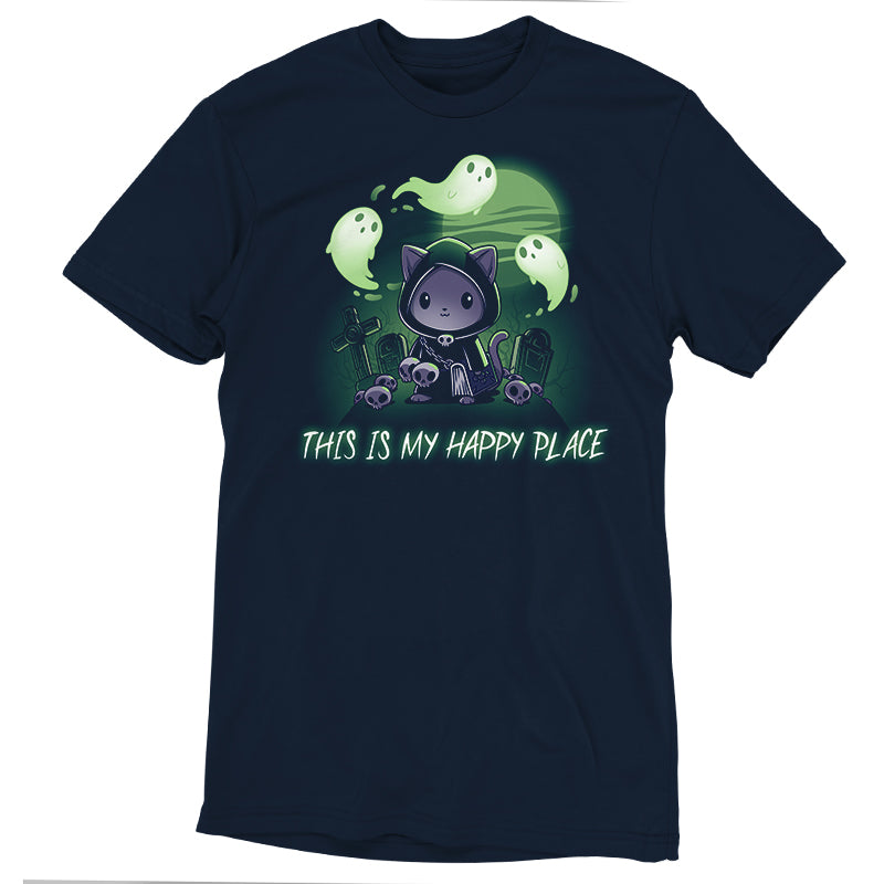 Premium Cotton T-shirt_TeeTurtle Graveyards are My Happy Place navy blue t-shirt featuring an illustration of a cat wearing a black, hooded cape and holding a book standing in a graveyard surrounded by skulls and tombs with ghosts floating above. "THIS IS MY HAPPY PLACE" is written below the illustration.