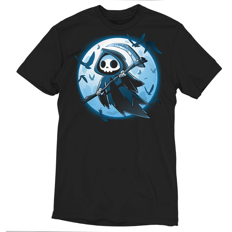 Premium Cotton T-shirt_TeeTurtle
Grim Ravens black t-shirt featuring a grim reaper holding its scythe flying near the full moon surrounded by silhouettes of black ravens. 