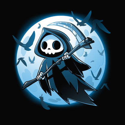 Premium Cotton T-shirt_TeeTurtle
Grim Ravens black t-shirt featuring a grim reaper holding its scythe flying near the full moon surrounded by silhouettes of black ravens. 