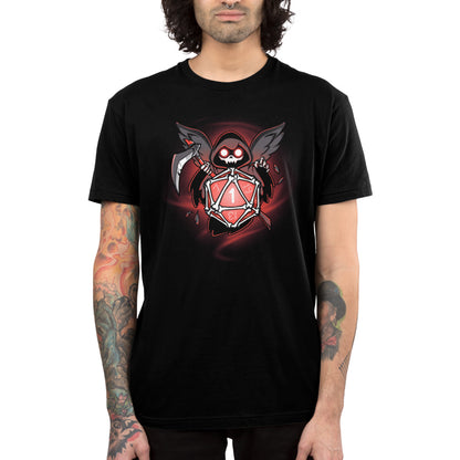 Person wearing a super soft ringspun cotton black t-shirt from monsterdigital featuring the Grim Reaper's Roll with a large red 20-sided die. The individual has long hair and tattoos on their arms.