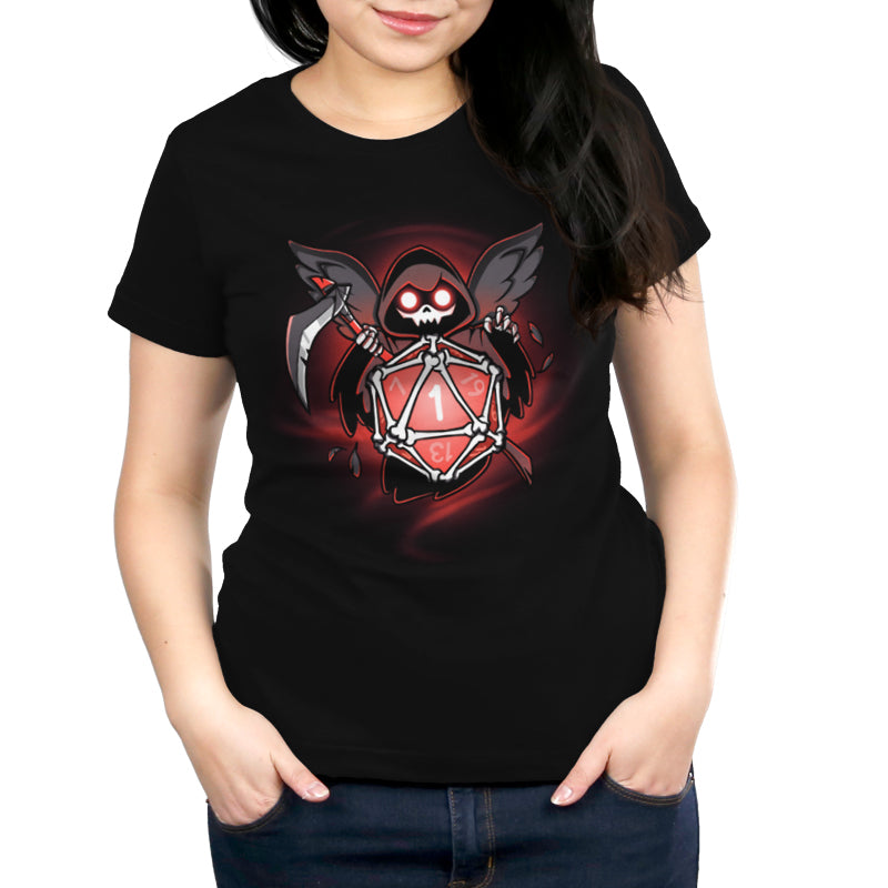 A person wearing a super soft ringspun cotton black T-shirt featuring Grim Reaper's Roll by monsterdigital—a cartoon grim reaper holding a 20-sided die with a "1" roll, symbolizing critical failure.