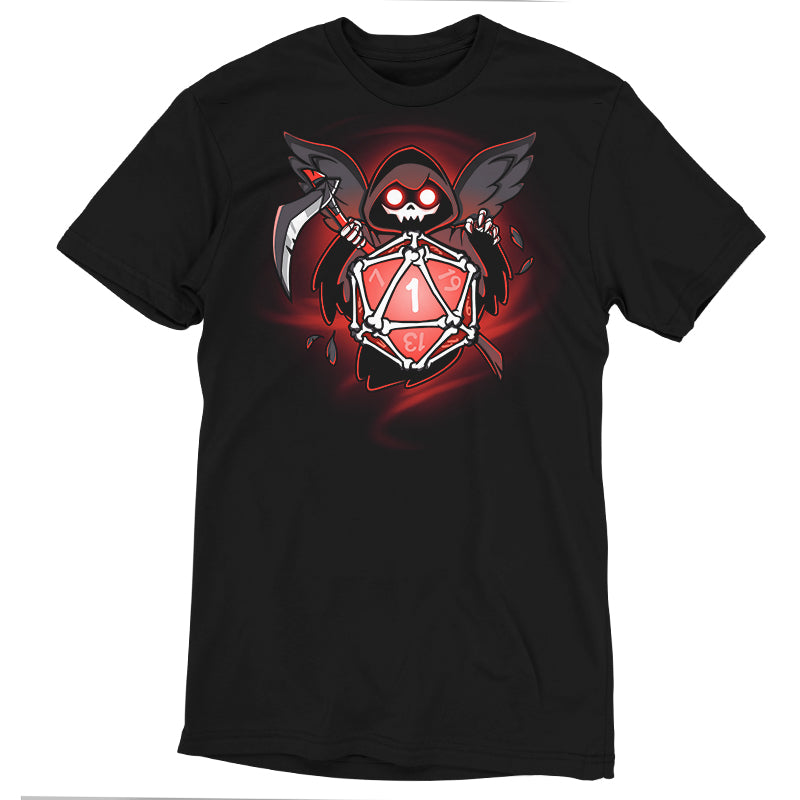 The black t-shirt features a graphic of the Grim Reaper's Roll—a red, winged grim reaper holding a large 20-sided die, with a one and thirteen showing. Made from super soft ringspun cotton, the design emits a glowing red effect for an unforgettable look. The product is called Grim Reaper's Roll and it is by monsterdigital.