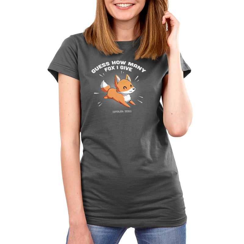 Premium Cotton T-shirt_Teeturtle Guess How Many Fox I Give Charcoal Gray Featuring a cute smiling fox with the words 'Guess How Many Fox I Give' written above it and the words '(Spoiler: Zero) below it.