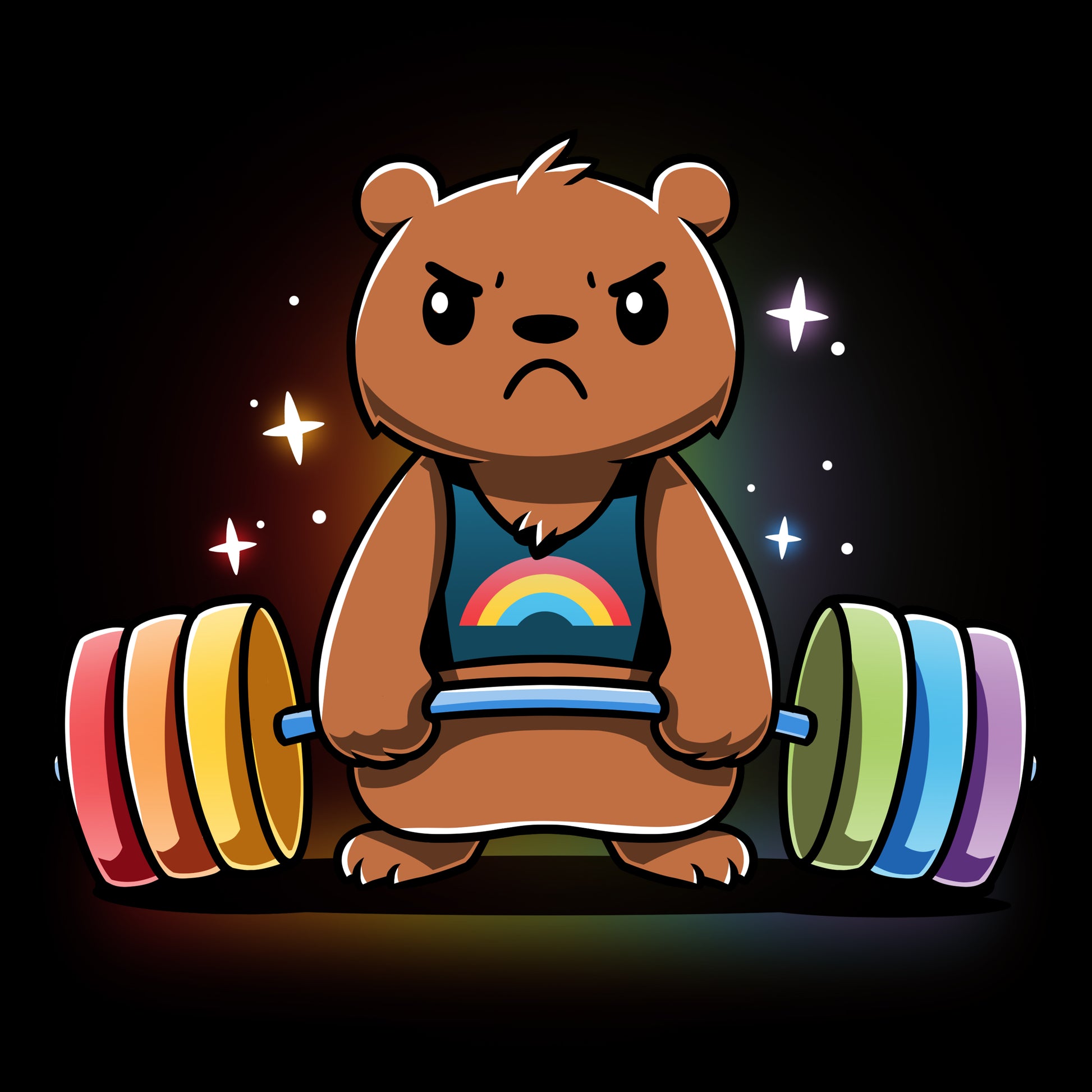 A determined cartoon bear in a rainbow tank top lifts a colorful barbell against a dark background with star-like sparkles, showcasing the comfort of Gym Bear by monsterdigital, made from super soft ringspun cotton.