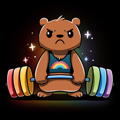 A determined cartoon bear in a rainbow tank top lifts a colorful barbell against a dark background with star-like sparkles, showcasing the comfort of Gym Bear by monsterdigital, made from super soft ringspun cotton.