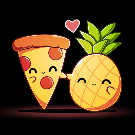 A cartoon slice of pepperoni pizza and a cartoon pineapple, both smiling and holding hands with a heart above them, adorns this Hawaiian Pizza T-shirt. Made from black 100% super soft ringspun cotton, this unisex tee is perfect for any pizza lover. The Hawaiian Pizza by monsterdigital is sure to be a hit among fans of deliciously cheesy apparel.