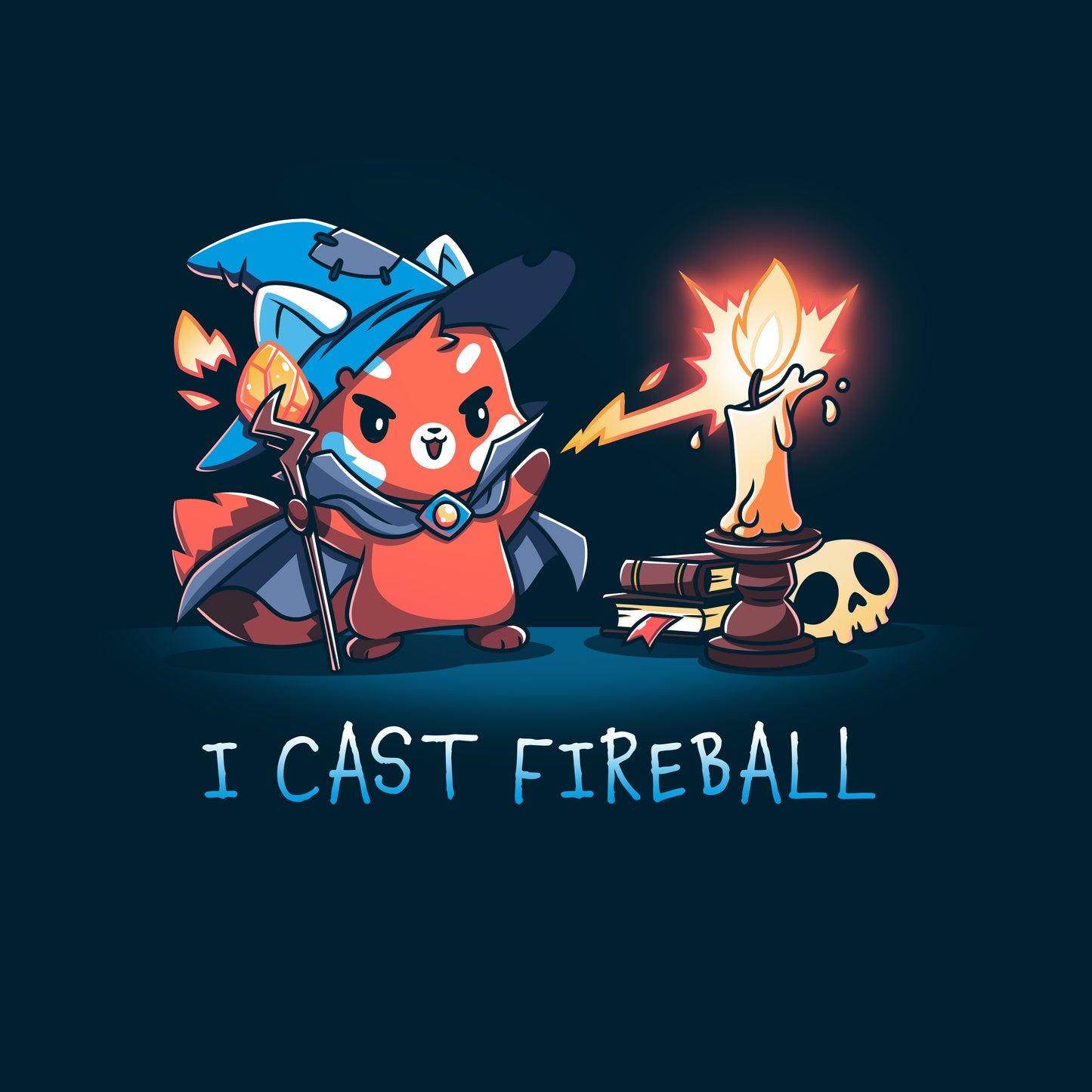 A cute fox in a wizard outfit casts a fireball spell towards a candle, with the text "I CAST FIREBALL" below. A stack of books and a skull are in the background on this super soft ringspun cotton navy blue monsterdigital I Cast Fireball T-shirt.