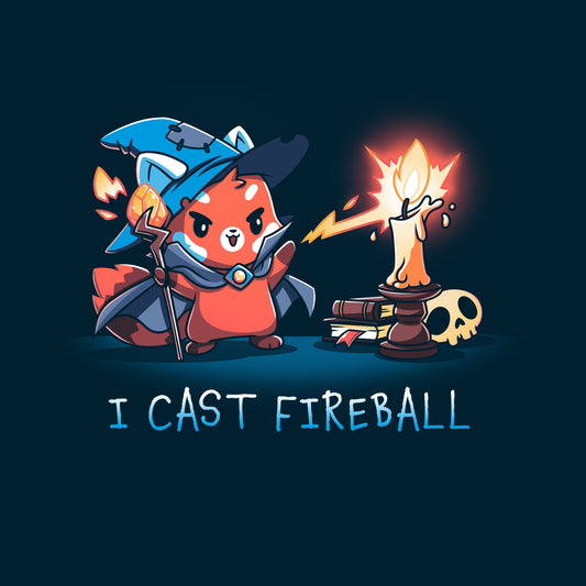 A cute fox in a wizard outfit casts a fireball spell towards a candle, with the text 