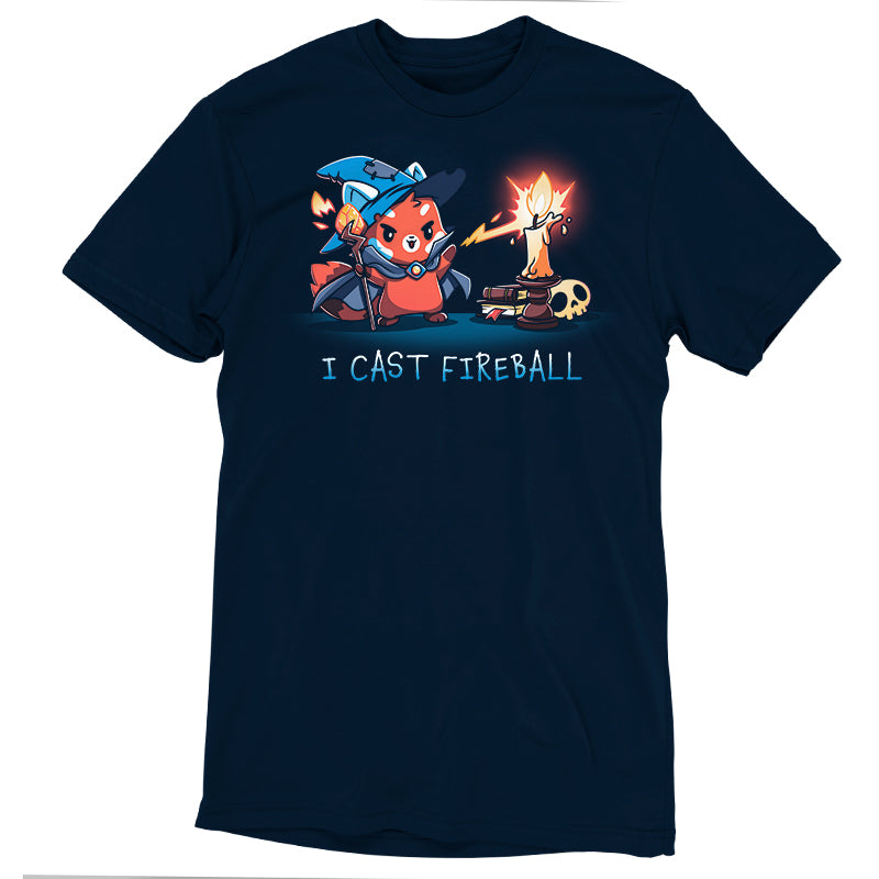 Navy blue T-shirt made from super soft ringspun cotton, featuring a cartoon character with a wizard hat and wand, casting a fireball spell. Text below reads "I CAST FIREBALL." The product is called I Cast Fireball by monsterdigital.
