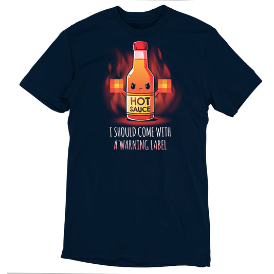 Navy blue t-shirt featuring an illustration of a hot sauce bottle and the text 