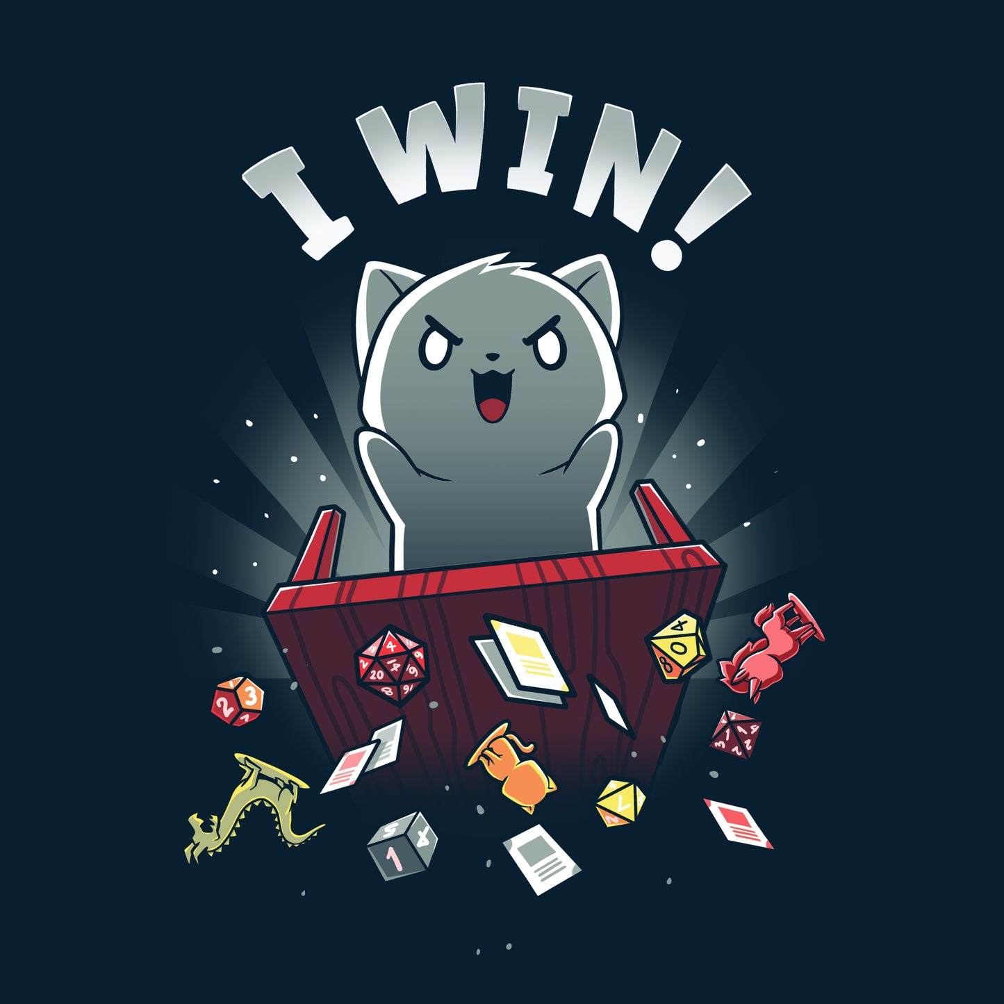 Premium Cotton T-shirt_Teeturtle I Win! navy blue t-shirt featuring a gray cat flipping a tabletop game table, sending cards, tabletop figures and dice flying with the words "I Win!" above its head.