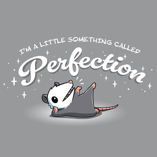 Premium Cotton T-shirt_TeeTurtle silver gray I Am Perfection apparel featuring an opossum lying down propped up on its elbow with a front paw and back paw up in the air with the caption, “I’m a little something called perfection”.