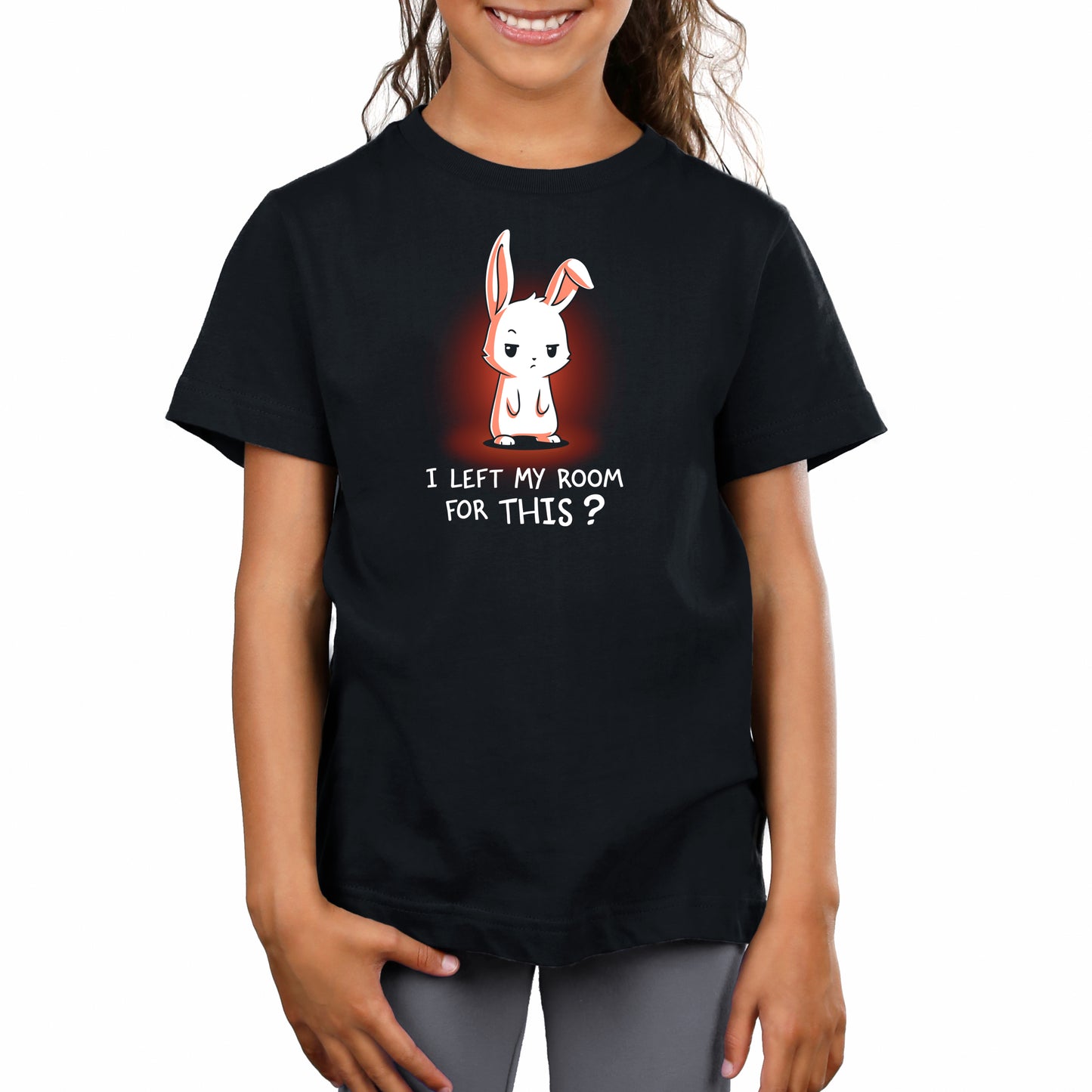 A child wearing a super soft cotton, black t-shirt with an illustration of a white rabbit and the text "I LEFT MY ROOM FOR THIS?" from monsterdigital's I Left My Room For This? collection.