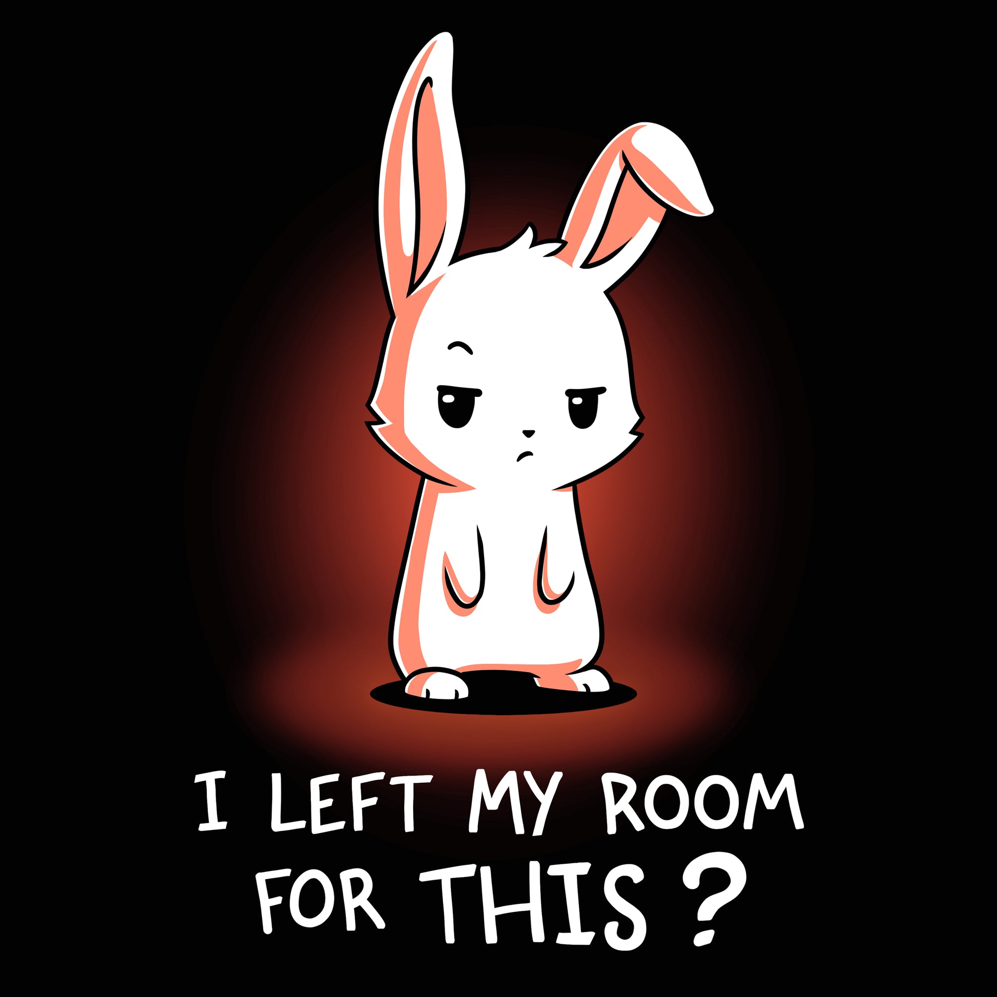 Cartoon of an unimpressed rabbit with the caption "I Left My Room For This?" adorning a black t-shirt made of super soft cotton. This unisex tee from monsterdigital is perfect for those who appreciate humor and comfort.