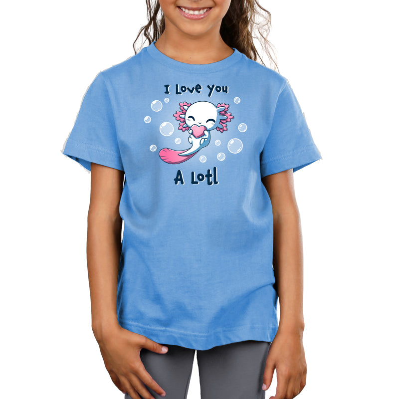 Premium Cotton T-shirt_TeeTurtle I Love you A Lotl light blue t-shirt featuring an illustration of a smiling white axolotl with a pink fins and a pink tail holding a pink heart surrounded by bubbles with "I LOVE YOU" written on top and "A Lotl" written underneath.