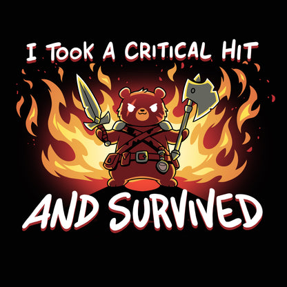 A cartoon bear warrior holding a sword and an axe stands in front of flames with the text "I Took A Critical Hit And Survived" on a black monsterdigital t-shirt made of super soft ringspun cotton.