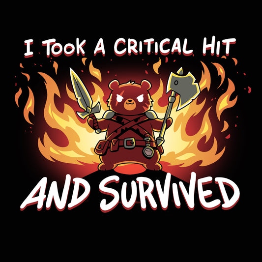 A cartoon bear warrior holding a sword and an axe stands in front of flames with the text 
