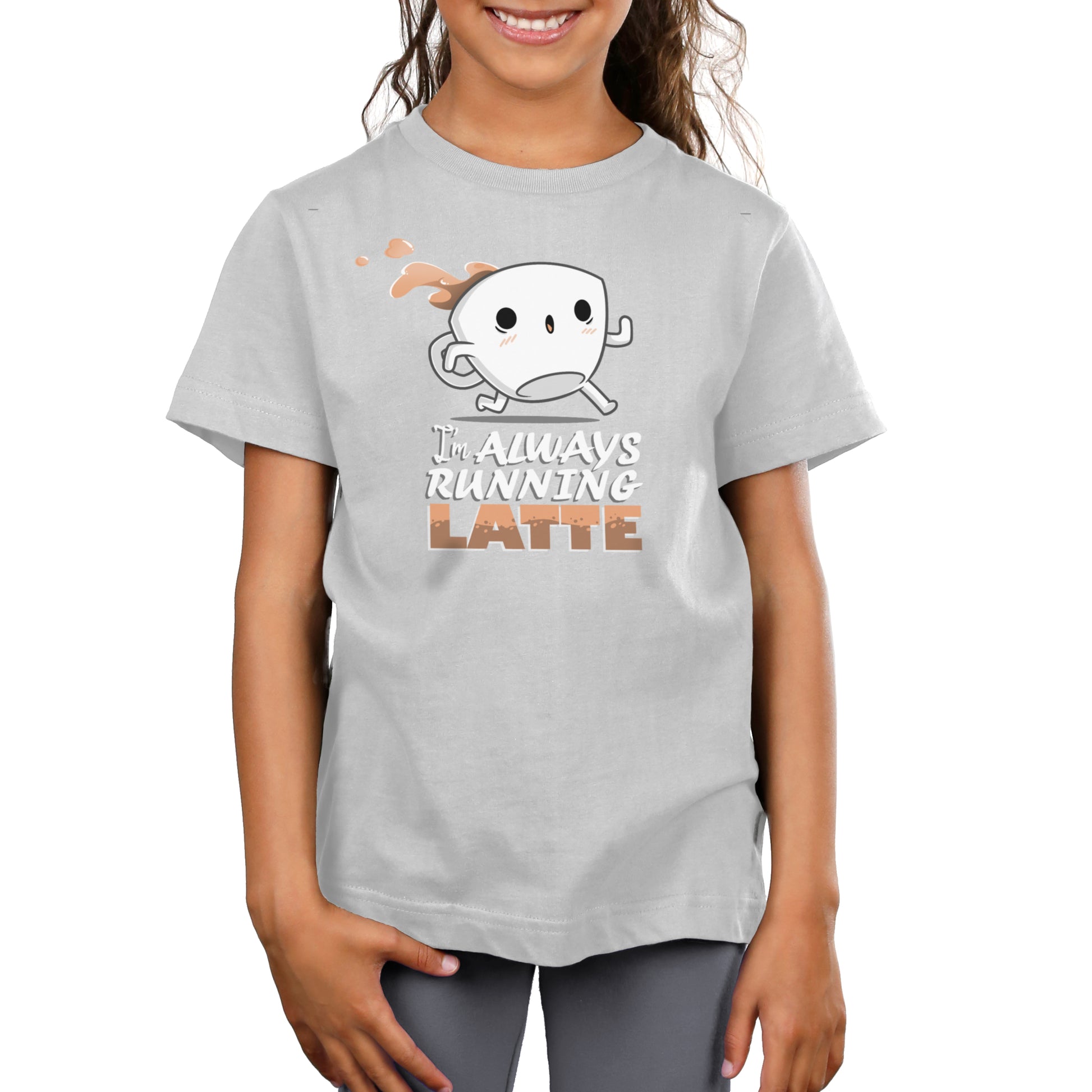 Premium Cotton T-shirt - A child wears a light grey monsterdigital I'm Always Running Latte apparel featuring a cartoon coffee cup and the text "I'm Always Running Latte.