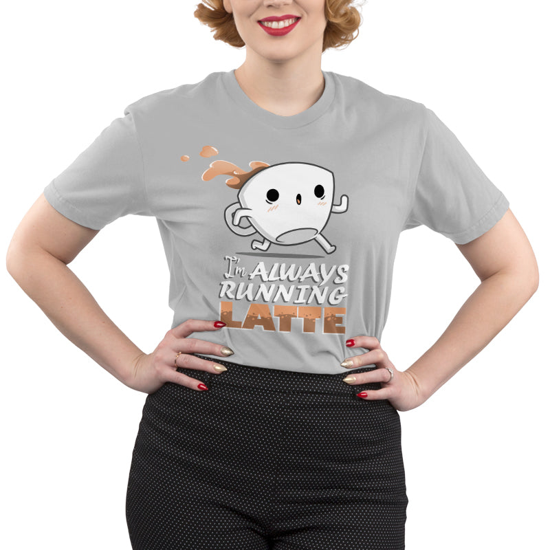 Premium Cotton T-shirt - A person wearing an "I'm Always Running Latte" apparel by monsterdigital, made from super soft ringspun cotton, with a light gray hue and a quirky cartoon coffee cup design.