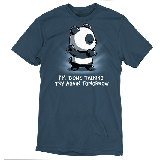 A super soft ringspun cotton T-shirt in denim blue, featuring a cartoon panda walking away with the text 