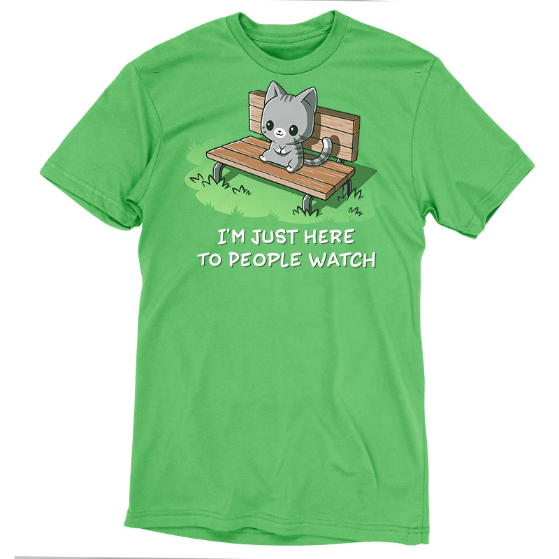 Premium Cotton T-shirt - Apple green apparel featuring a cartoon cat sitting on a bench with the text "I'M JUST HERE TO PEOPLE WATCH" below the image. Made from super soft ringspun cotton for maximum comfort. Product Name: I'm Just Here to People Watch, Brand Name: monsterdigital