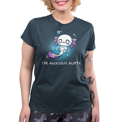 A person is wearing the *I'm Anxious Alotl* t-shirt by *monsterdigital*, made of super soft ringspun cotton in denim color, featuring a cute illustration of a distressed axolotl and the text "I'M ANXIOUS ALOT." They are also wearing pants with a similar axolotl pattern and have visible tattoos on one arm.