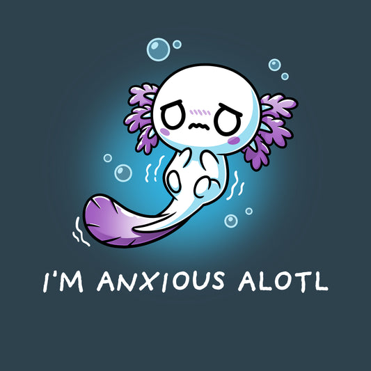Cartoon axolotl with a worried expression, surrounded by bubbles, on a denim-colored t-shirt made from super soft ringspun cotton. The text below reads 